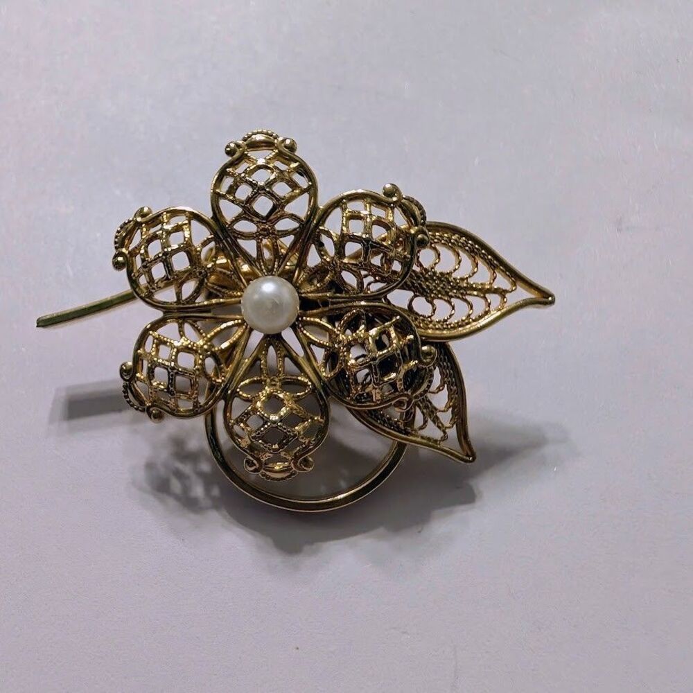 Vintage Gold Tone Filigree Flower Brooch With Faux Cultured Pearls Mid 20th Cent